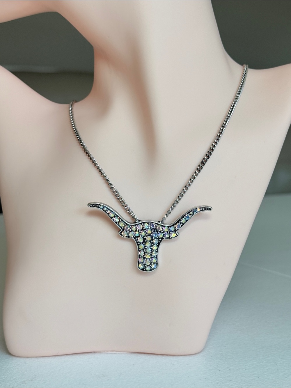 Crystal Longhorn Pendant Necklace - Silver with Iridescent Stones